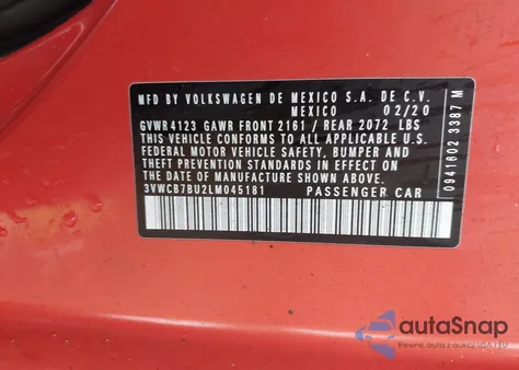 2020 Volkswagen Jetta 1.4T R-Line/1.4T S/1.4T Se из США, поврежденный, VIN 3VWCB7BU2LM045181